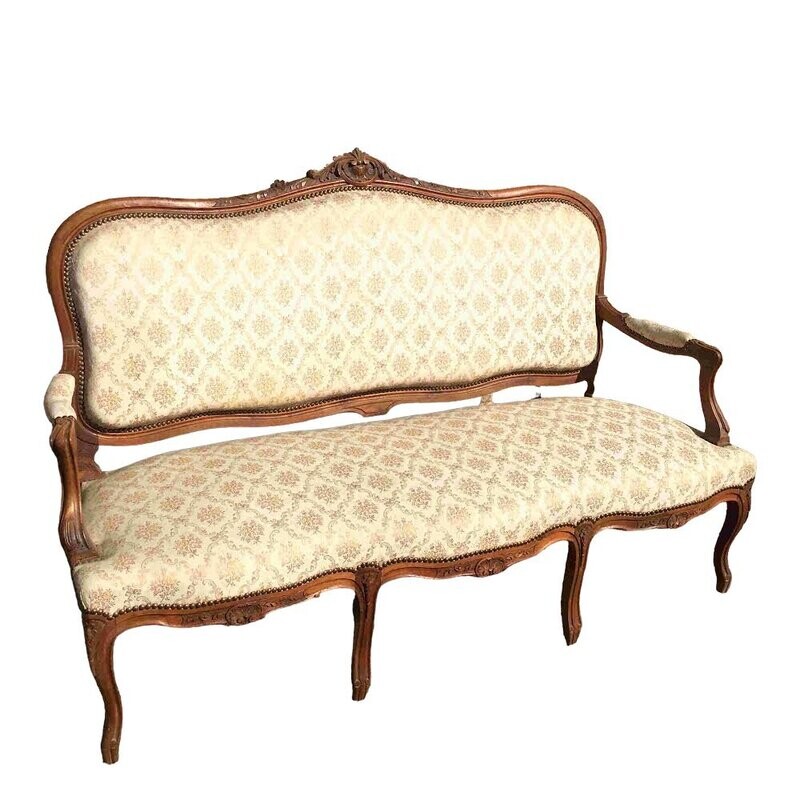 Canapé Louis XV tissu blanc cassé fleuri