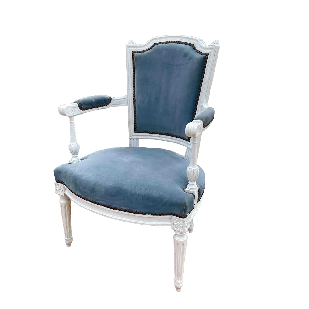 Fauteuil velours bleu bois blanc Louis XV