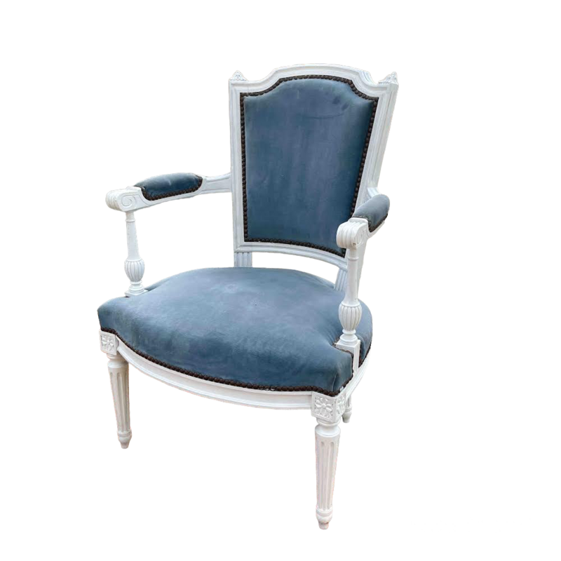 Fauteuil velours bleu bois blanc Louis XV