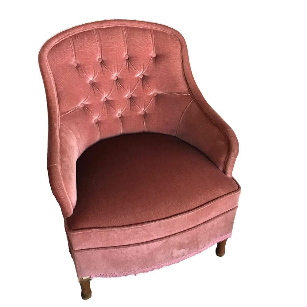 Fauteuil crapaud velours rose capitonné