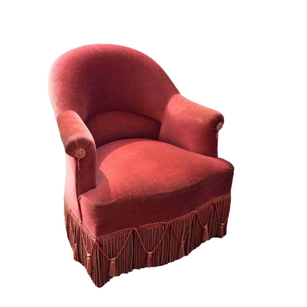 Fauteuil crapaud velours rose foncé pompon