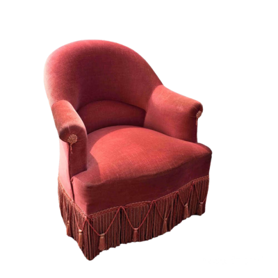 Fauteuil crapaud velours rose foncé pompon