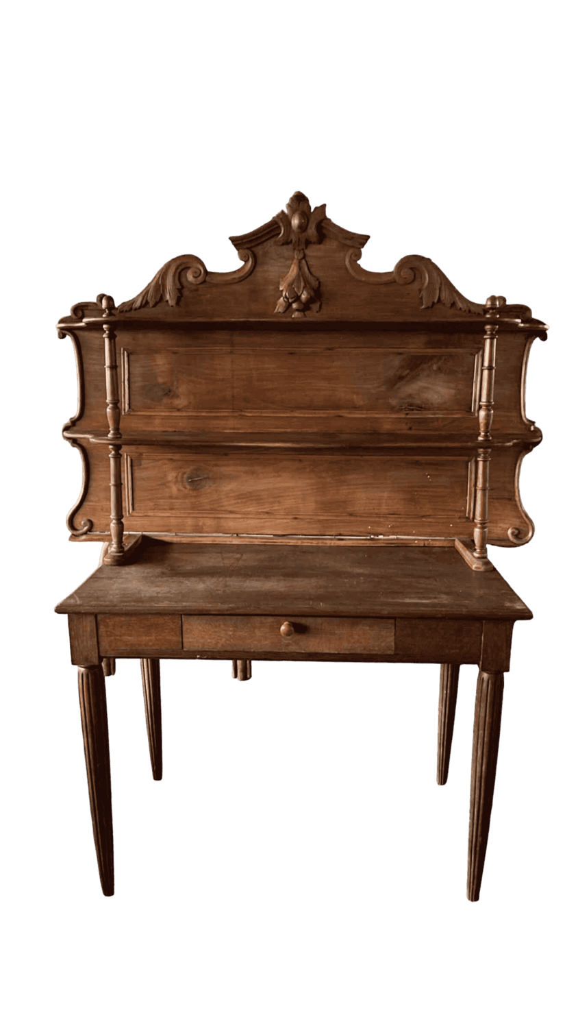 Bureau bois foncé tiroir étagère travaillée