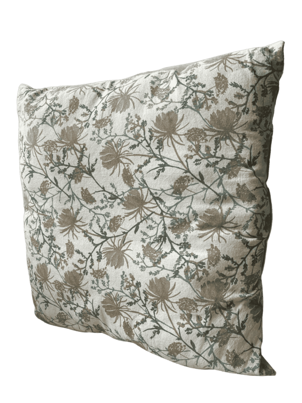 Coussin beige fleuri vert et jaune