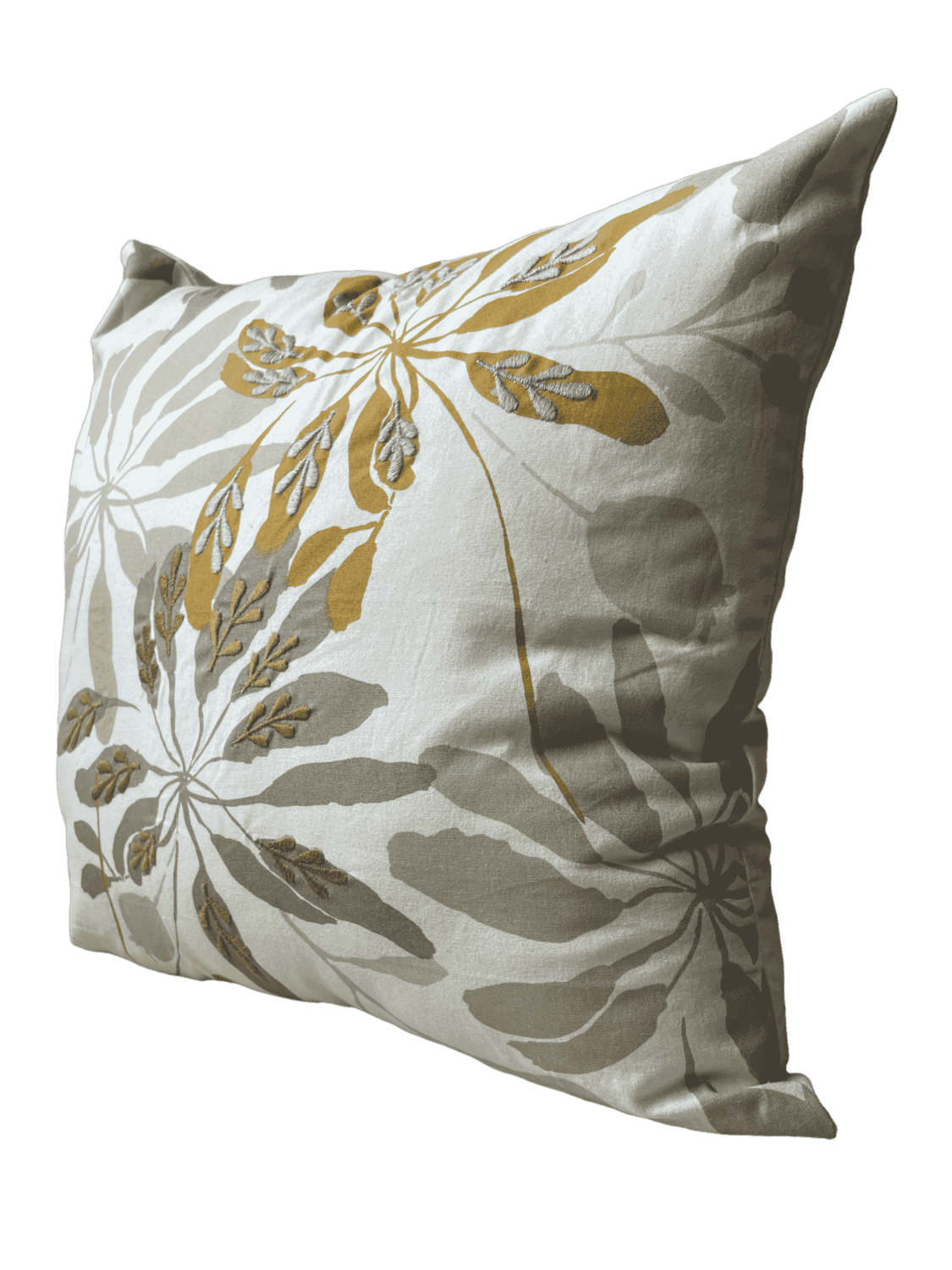 Coussin beige motifs feuillage