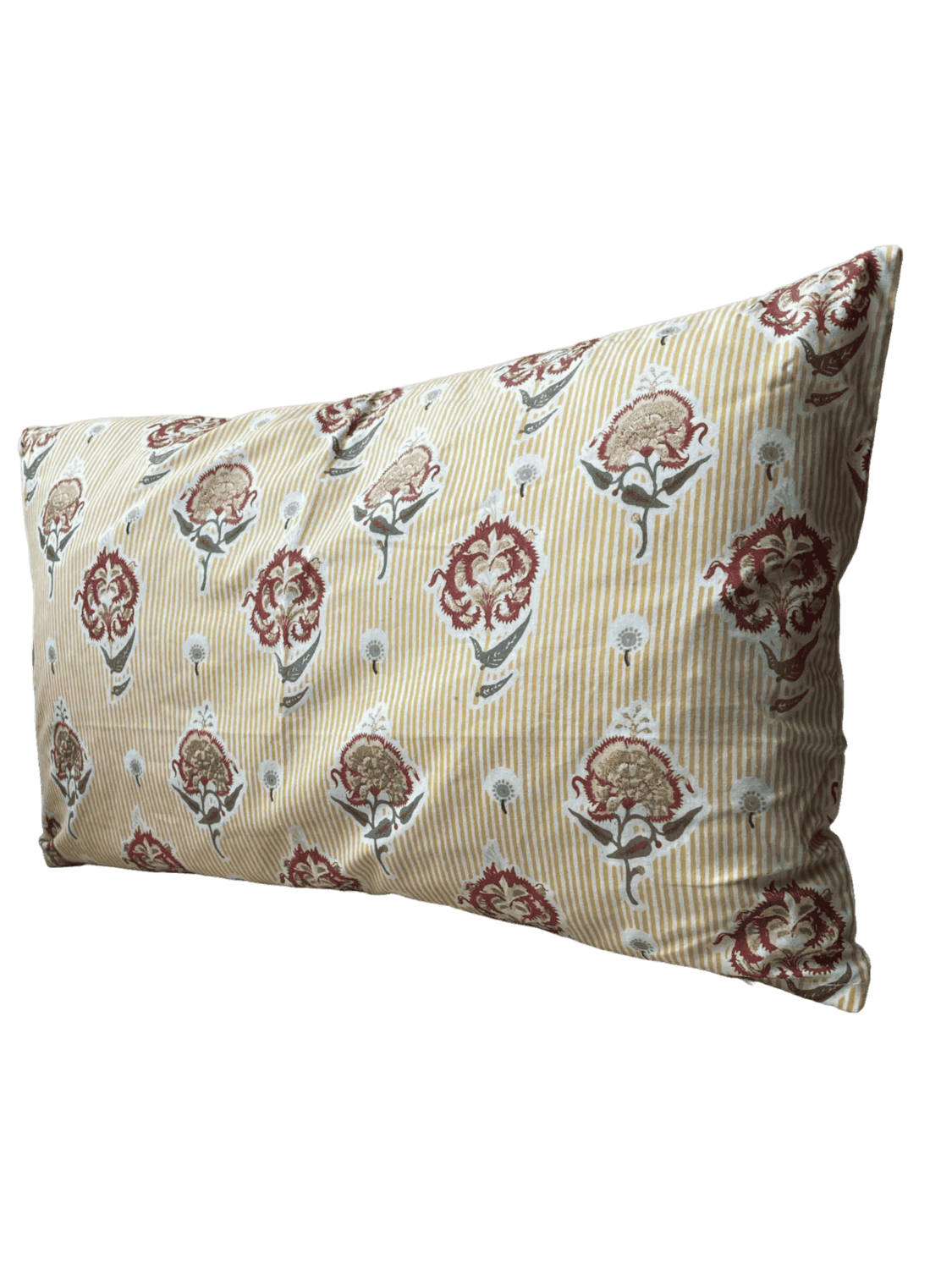 Coussin rectangle rayé jaune motifs brun et vert