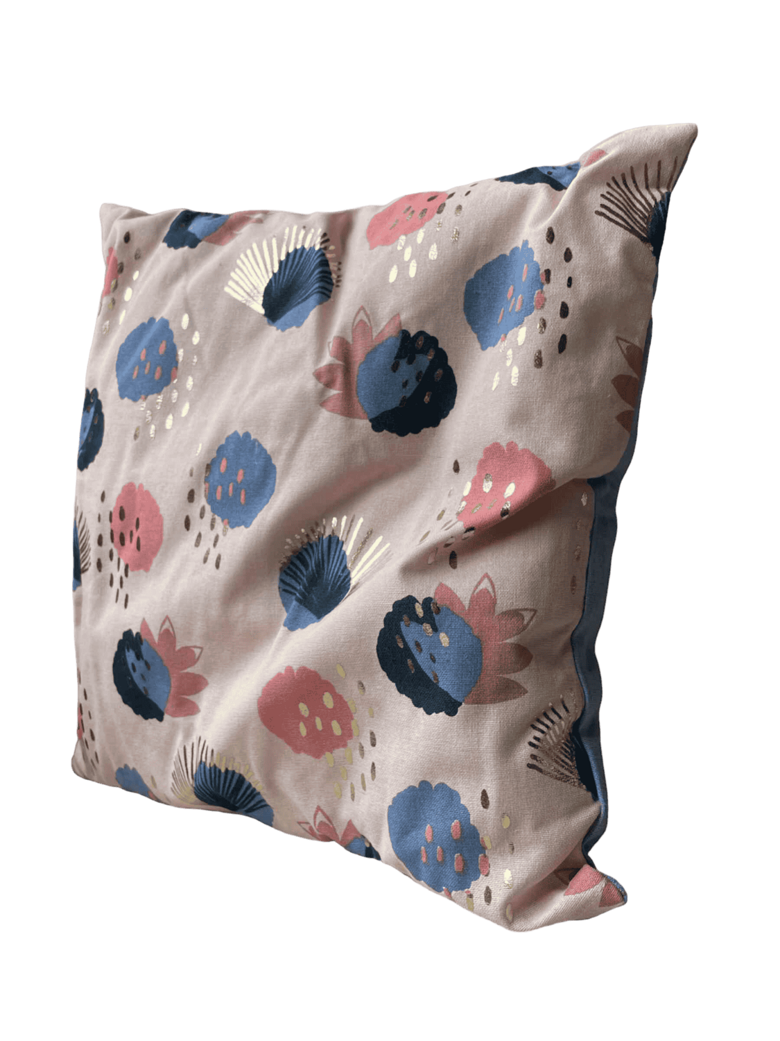 Coussin rose clair motifs bleus dorés