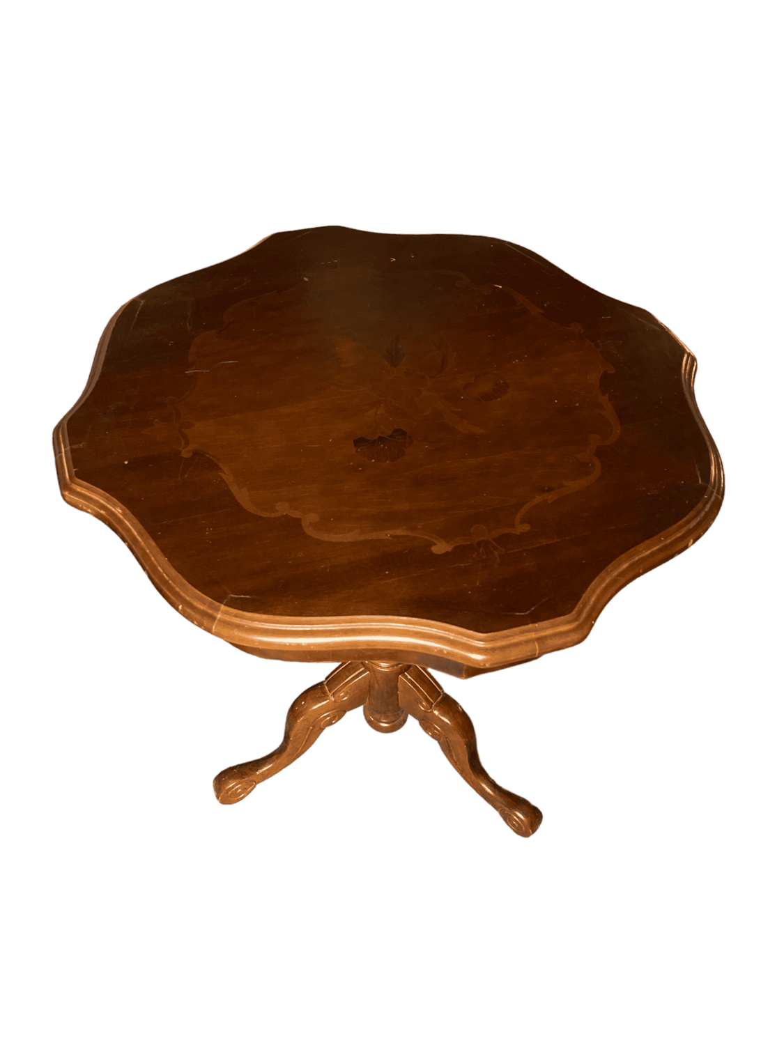 Guéridon bois plateau ajouré foncé marqueterie