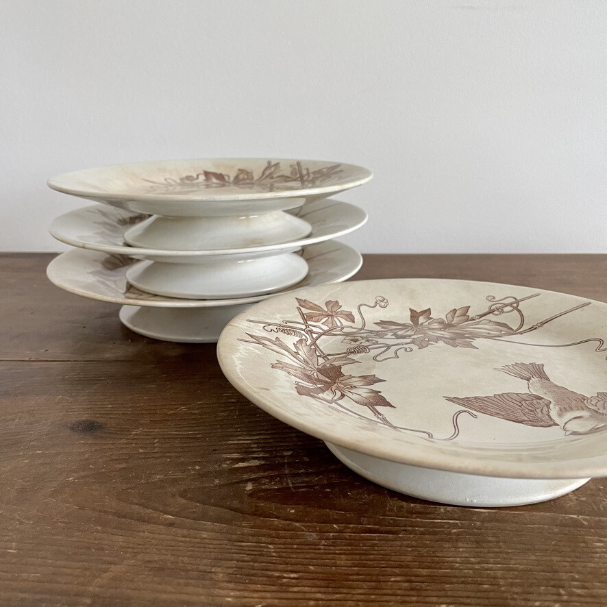 Plat sur pied bas compotier oiseaux marron