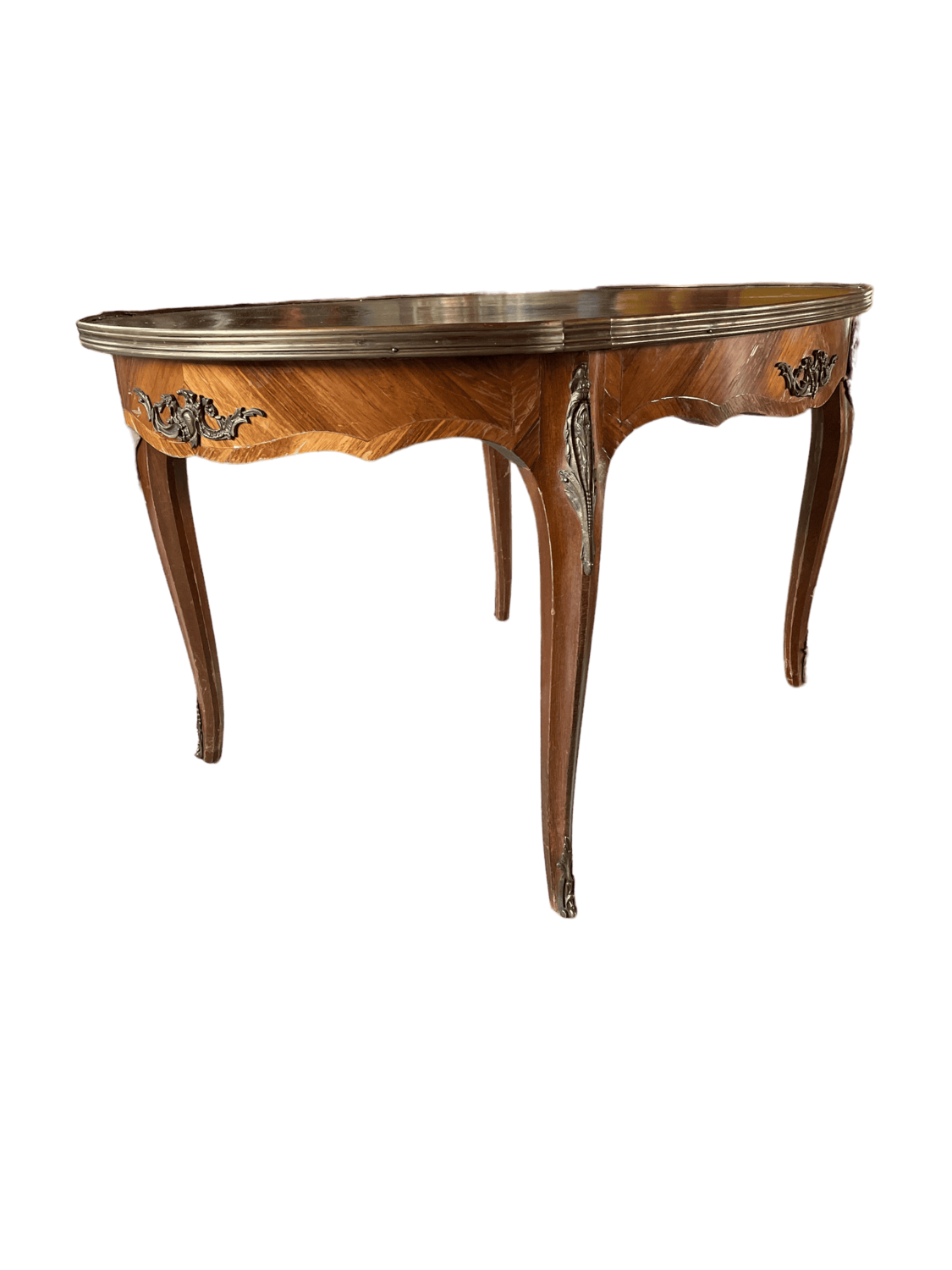 Table basse bois ovale marqueterie dorure