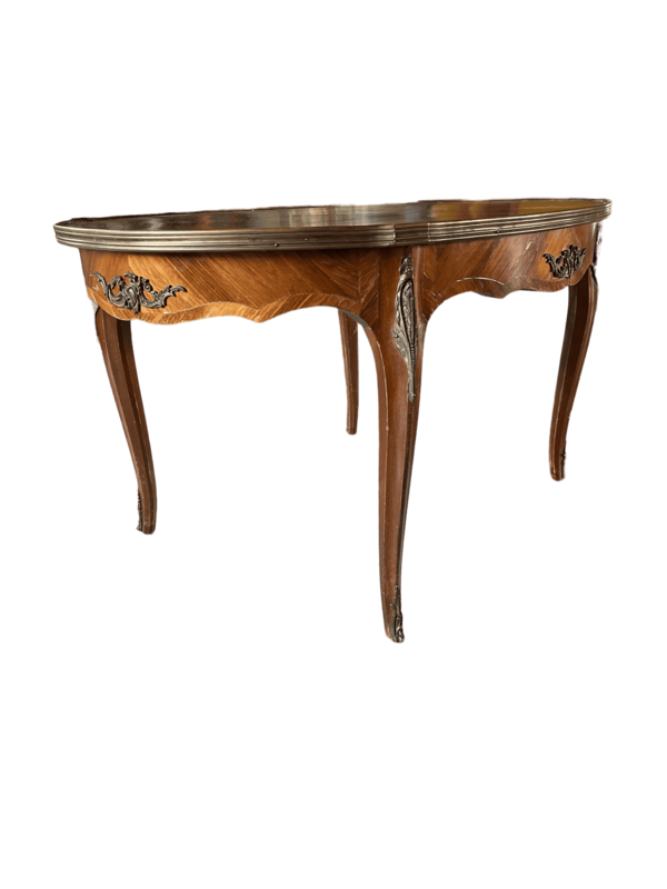 Table basse bois ovale marqueterie dorure