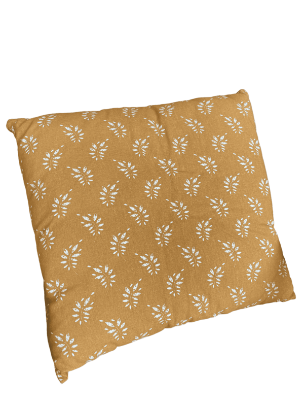 Coussin moutarde feuilles blanches