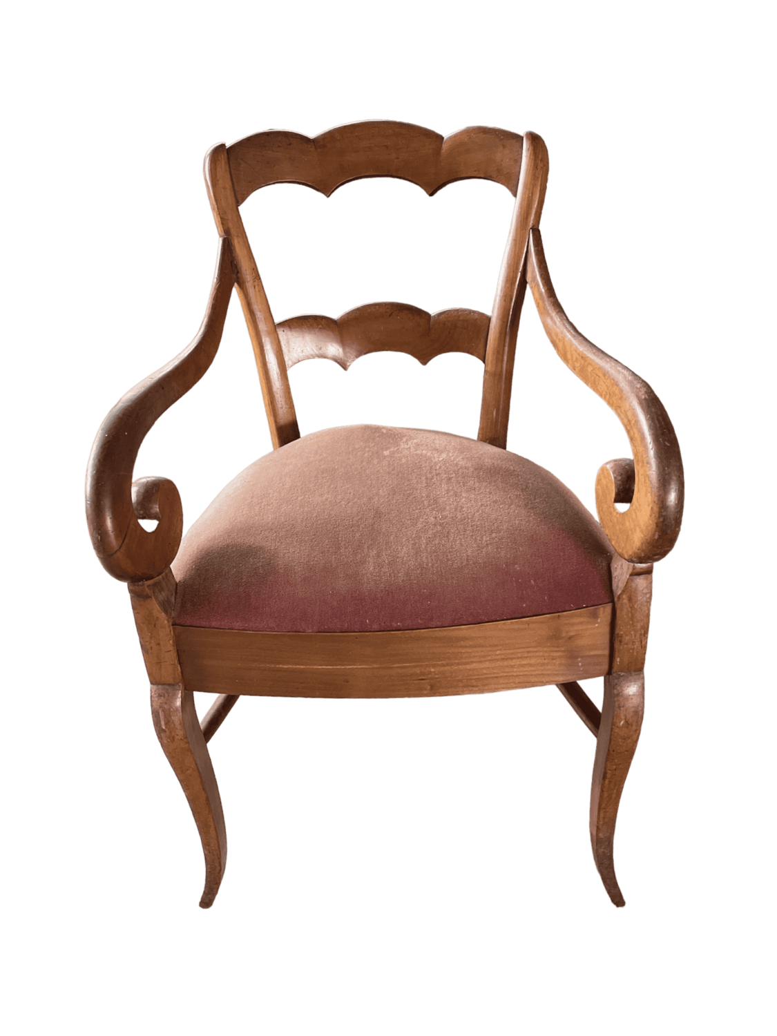 Fauteuil bois assise velours rose accoudoirs volutes
