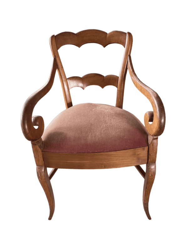 Fauteuil bois assise velours rose accoudoirs volutes