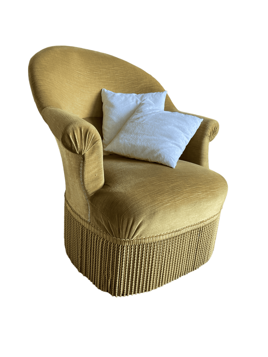Fauteuil crapaud velours jaune or frange