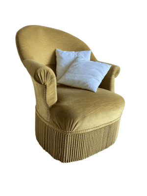 Fauteuil crapaud velours jaune or frange