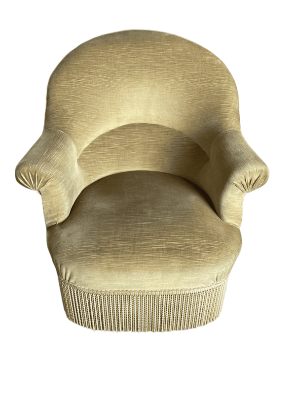 Fauteuil crapaud velours jaune or frange