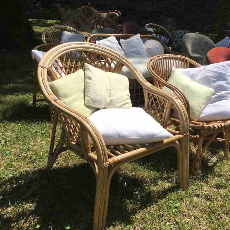 Fauteuil rotin naturel croisillons avec coussin d&#39;assise