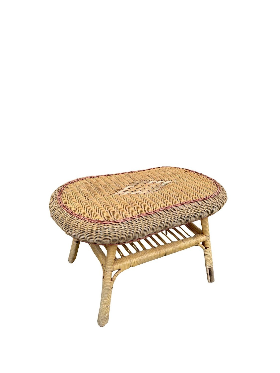 Table basse rotin ovale tressée liseré bordeaux