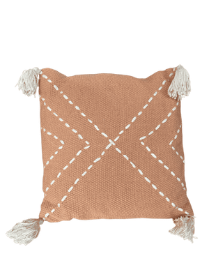Coussin saumon rose broderie et pompons blancs