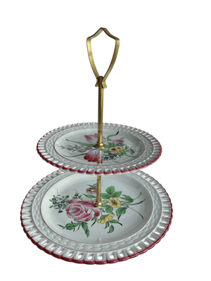 Serviteur 2 étages porcelaine blanc fleuri ajouré