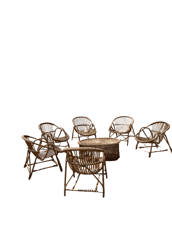 Salon rotin coquille 6 fauteuils