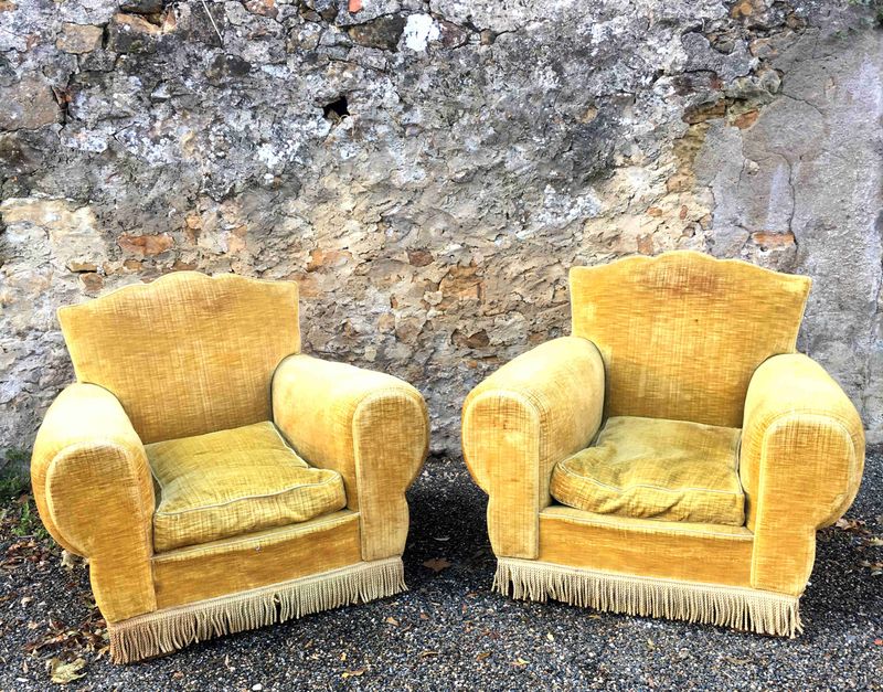 Fauteuil club moustache velours doré