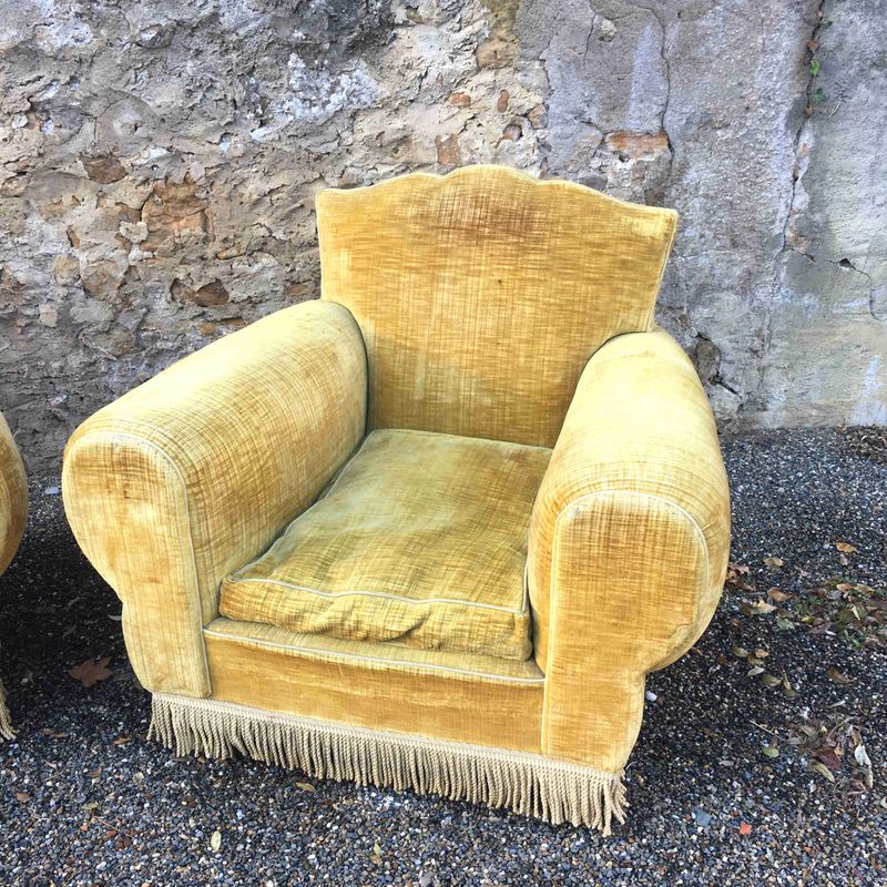 Fauteuil club moustache velours doré