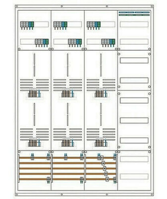 Zählerschrank für 6 Zählerplätze 3HZ und 1 Verteilerfeld, vorverdrahtet Zählerschrank für 6 Zählerplätze 3HZ und 1 Verteilerfeld, vorverdrahtet
