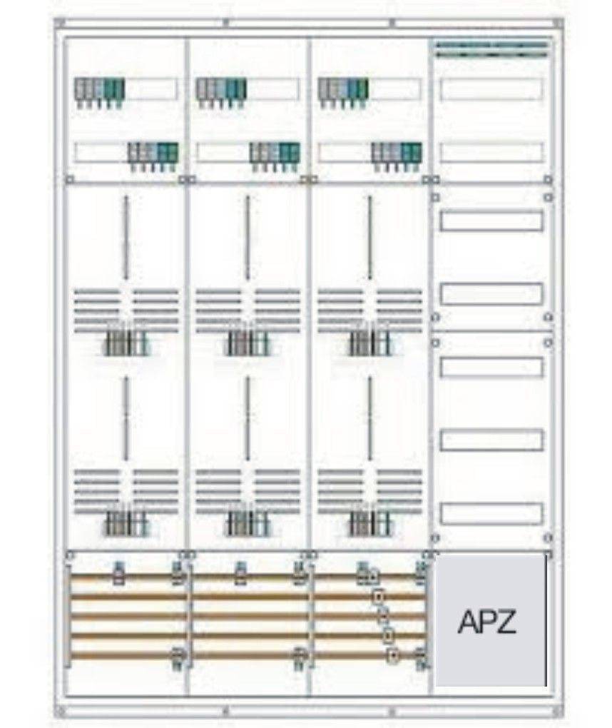 Zählerschrank für 6 Zählerplätze, 1 Verteilerfeld, inklusive APZ vorverdrahtet Zählerschrank für 6 Zählerplätze, 1 Verteilerfeld, inklusive APZ vorverdrahtet