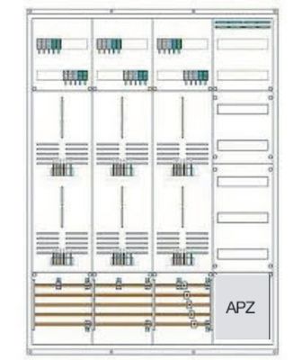 Zählerschrank für 6 Zählerplätze, 1 Verteilerfeld, inklusive APZ vorverdrahtet Zählerschrank für 6 Zählerplätze, 1 Verteilerfeld, inklusive APZ vorverdrahtet