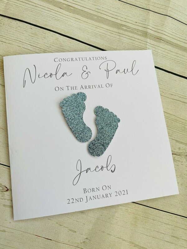 Personalised New Baby Card
 Pink/Silver/Gold Glitter Baby Feet Design 
Baby Girl/Baby Boy  New Baby New Parents