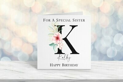 Personalised Birthday Card For Her -Female Birthday Card, Floral Black Initial Design, Popular, Birthday Card For Auntie, Mum, Sister, Niece