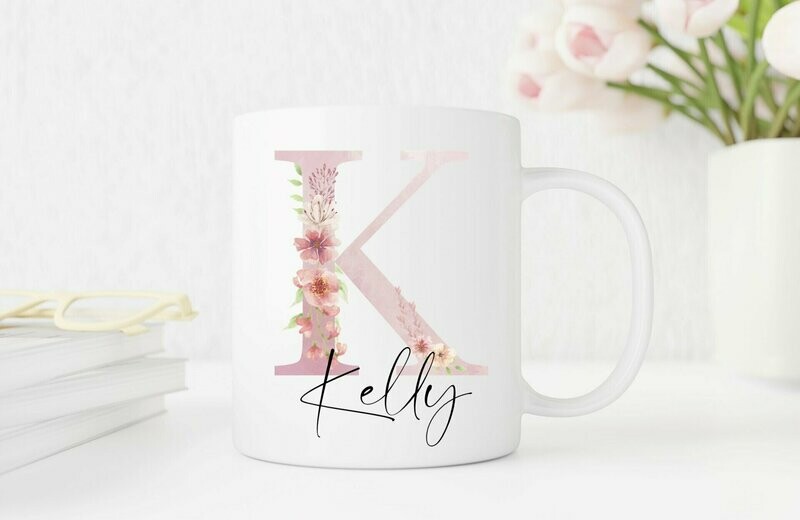 Personalised - Pink Watercolour Floral Design Mug, Personalised Mug, Gift for Friend, Coffee Mug Gift for Her, Bridesmaid Gift,  Bridal Party Gift