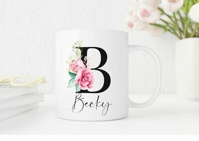 Personalised - Black Initial Pink Watercolour Floral Design Mug, Personalised Mug, Gift for Friend, Coffee Mug Gift for Her, Bridesmaid Gift, Matching Coaster, Bridal Party Gift