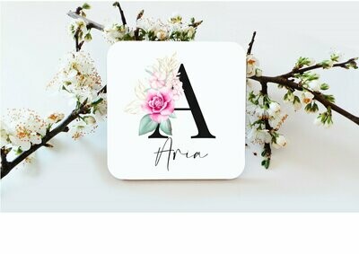 Personalised Black Initial Watercolour Floral Design Coaster, Birthday Gift, Drinks Coaster
