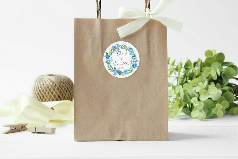 Forget Me Not Floral Wedding Stickers - Floral Wreath Sticker for Wedding Favours, Invitations, Sweet Bags and more!