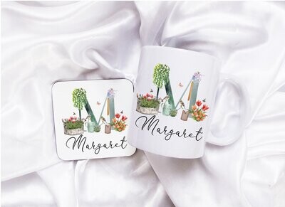 Personalised Mug & Coaster Set, Gardening Initial Name Cup, Gift for Friend, Coffee Mug, Gift for Her, Gift For Him, Matching Coaster, Gift For Gardener