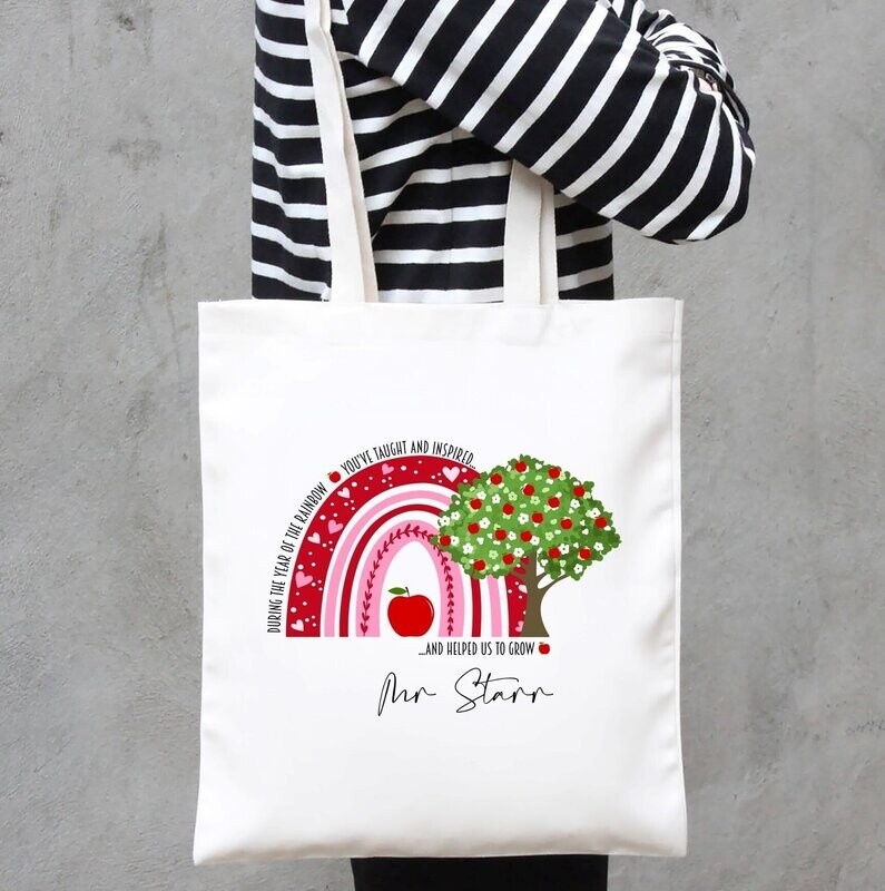 Large Personalised Tote/Gift Bag - Rainbow Design - Teacher Gift - End Of Term/Leaving Gift, Personalised With Your Teachers Name