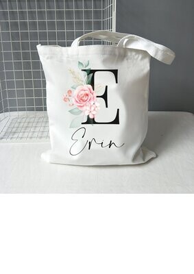 Large Personalised Tote/Gift Bag -Black Initial Floral Design Add Your Name - Perfect Birthday/Gift For Mum/Grandma/Nana/Gran Bridesmaid Bridal Party Gift