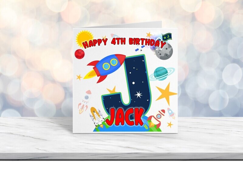 Personalised Space, Planets Birthday Card For Him -  Birthday Card Initial astronaut, space travel Design Birthday Card