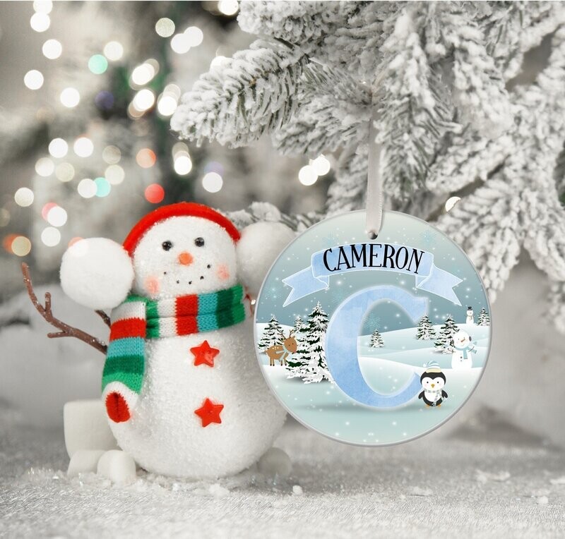 Personalised Name Christmas Tree Decoration/Bauble Blue Initial Penguin Design - Custom Hanging Christmas Tree Decoration