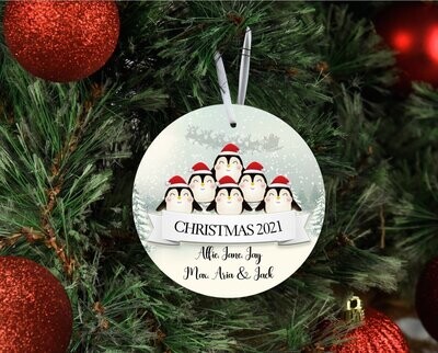 Personalised Family Christmas Tree Decoration/Bauble Christmas 2022 Penguin Family Design - Up To 6 Names/Characters