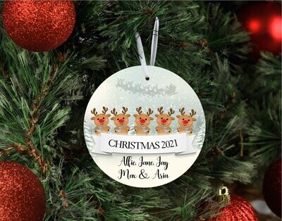 Personalised Family Christmas Tree Decoration/Bauble Christmas 2022 Reindeer Family Design - Up To 6 Names/Characters
