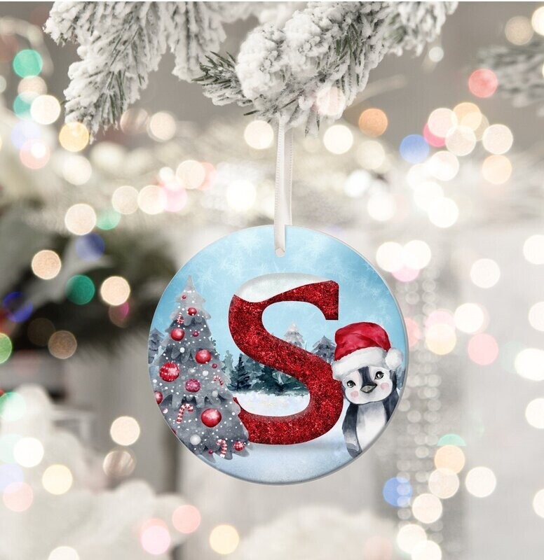Personalised Christmas Tree Decoration/Bauble Christmas Cute Initial Design - Family Christmas - Water Colour Penguin Design - Custom Tree Bauble