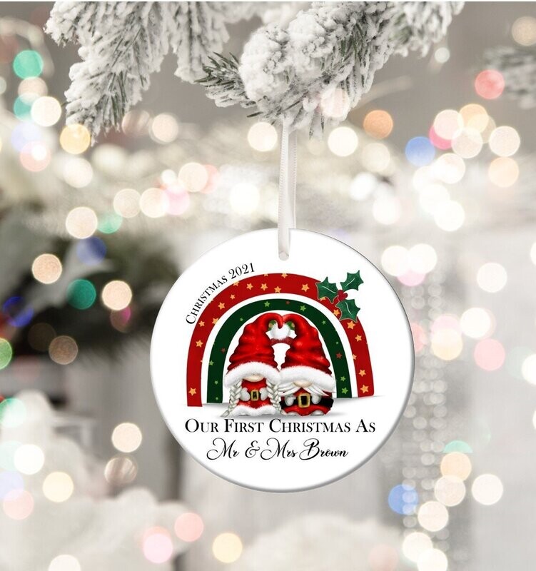 Personalised Christmas Tree Decoration Our First Christmas As Mr & Mrs, Mr & Mr, Mrs & Mrs Cute Gnome, Gonk, Gnomie Design