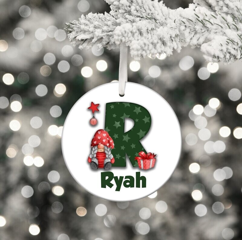 Custom Christmas Decoration-Gnome/Gonk/ Santa Design Personalised Bauble-Green Snowflake Alphabet, Personalised Tree Ornament For Him Or Her