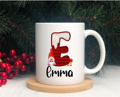Personalised Christmas Mug Tartan Alphabet Design Cute Gnome/Gonk