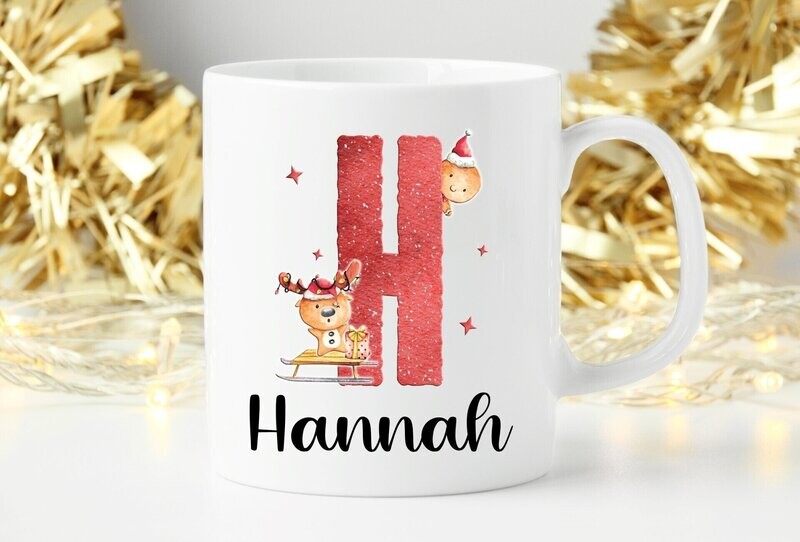Personalised Christmas Mug Red Alphabet Reindeer Design