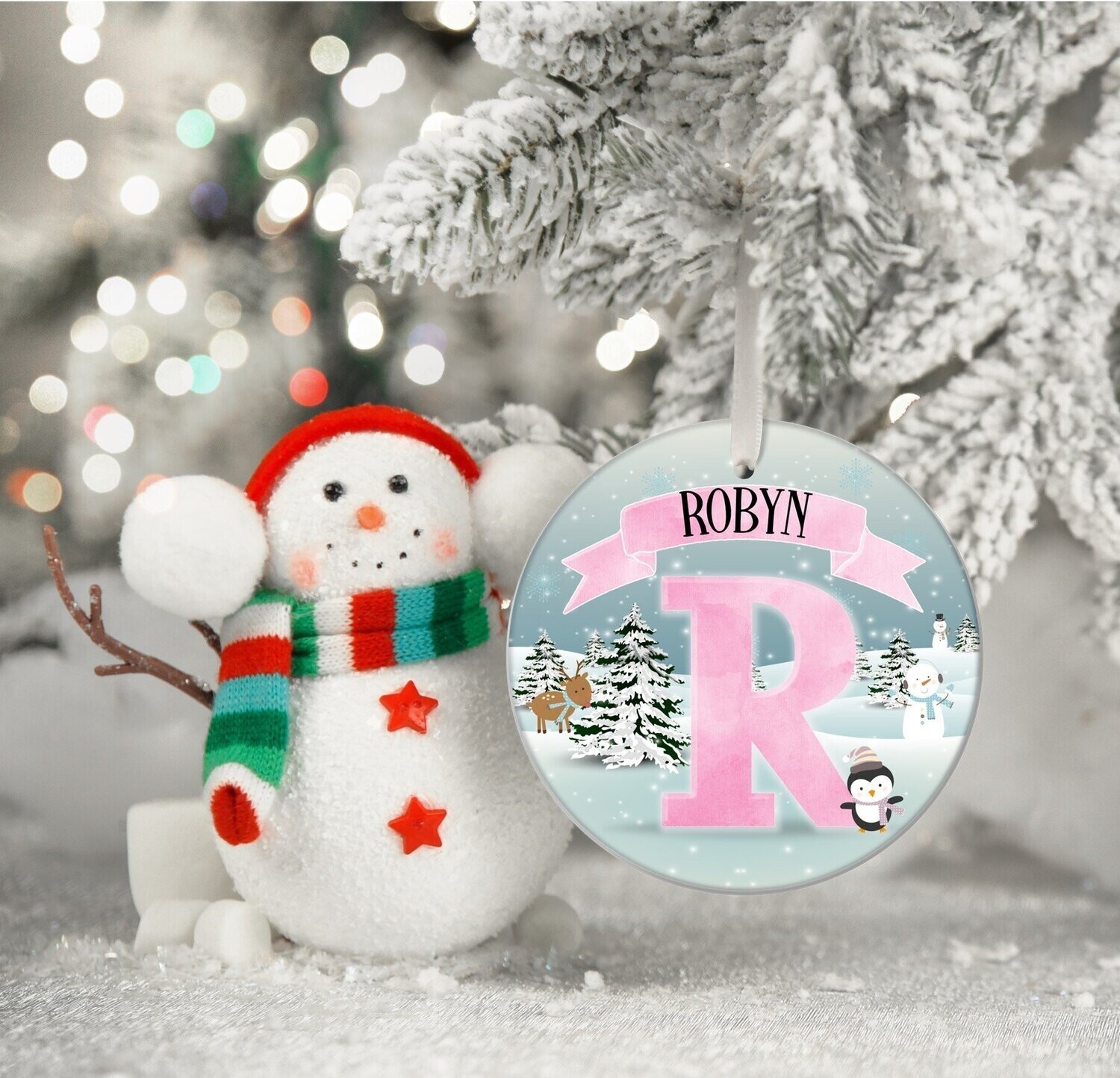 Personalised Name Christmas Tree Decoration/Bauble Pink Initial Penguin Design - Custom Hanging Christmas Tree Decoration